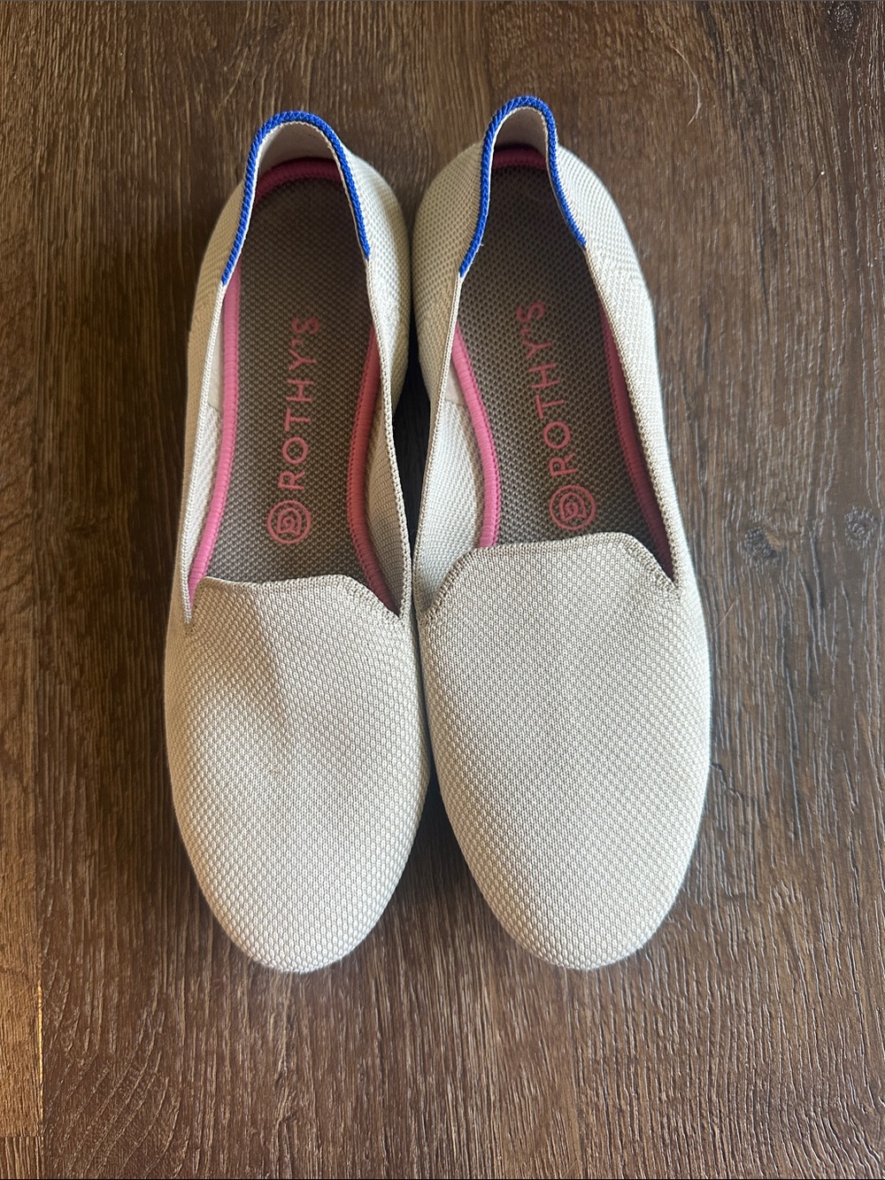 Rothy's Cream Slip-On Flats with Pink Interior and Blue Trim